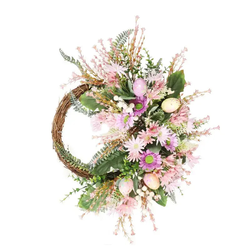 Colorful festive half-sided artificial wreath with decorative eggs and a variety of faux flowers